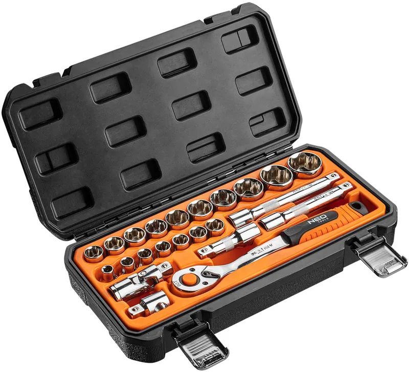 Dopsleutelset 1/2" - 23-delig - Chroom-Vanadiumstaal - Met Grijphandgreep by Neo Tools, Chrome – product image