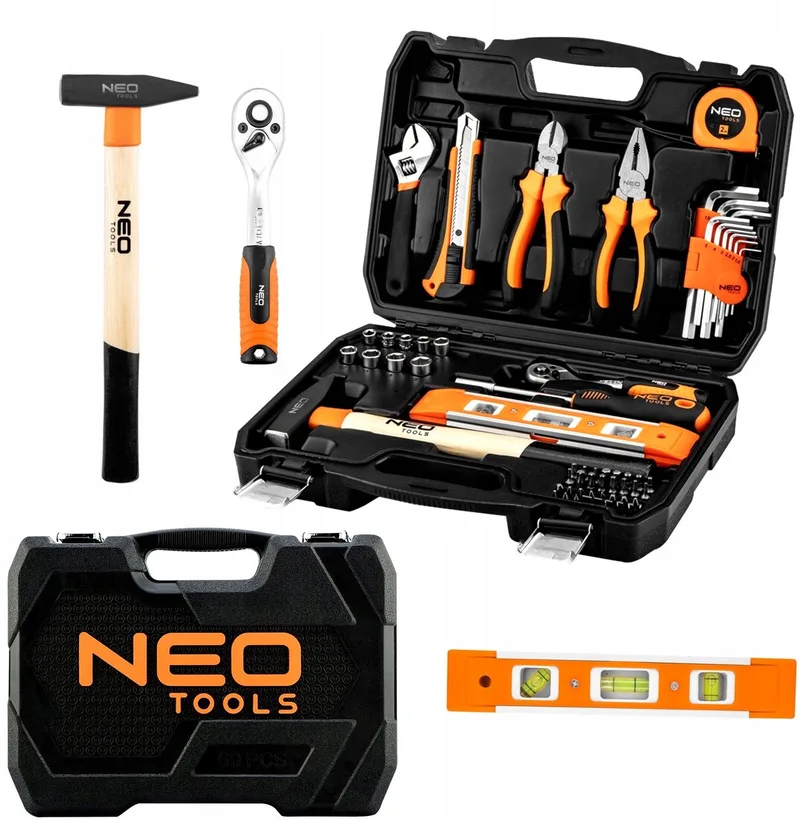 Gereedschapset 60 Delen: Sleutels, Bits & Hamer in koffer van Neo Tools, Oranje – productafbeelding