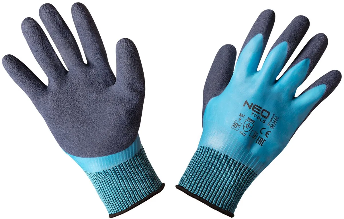 Latex werkhandschoenen - dubbele coating från Neo Tools, Svart, Blå, 10 – produktbild