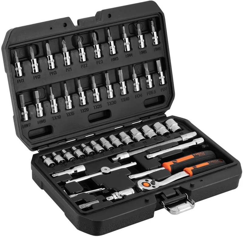 NEO 10-004 Serie - Dopsleutelset - 1/4" - 46-delig - CrV Staal de Neo Tools, Bleu – image du produit