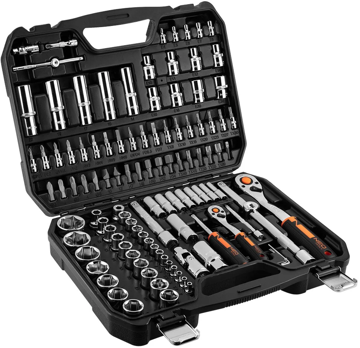 NEO 10-066 - Dopsleutelset - Chroom-vanadiumstaal - 110-delig - Ergonomische Handgreep by Neo Tools, Black, Orange, Chrome – product image