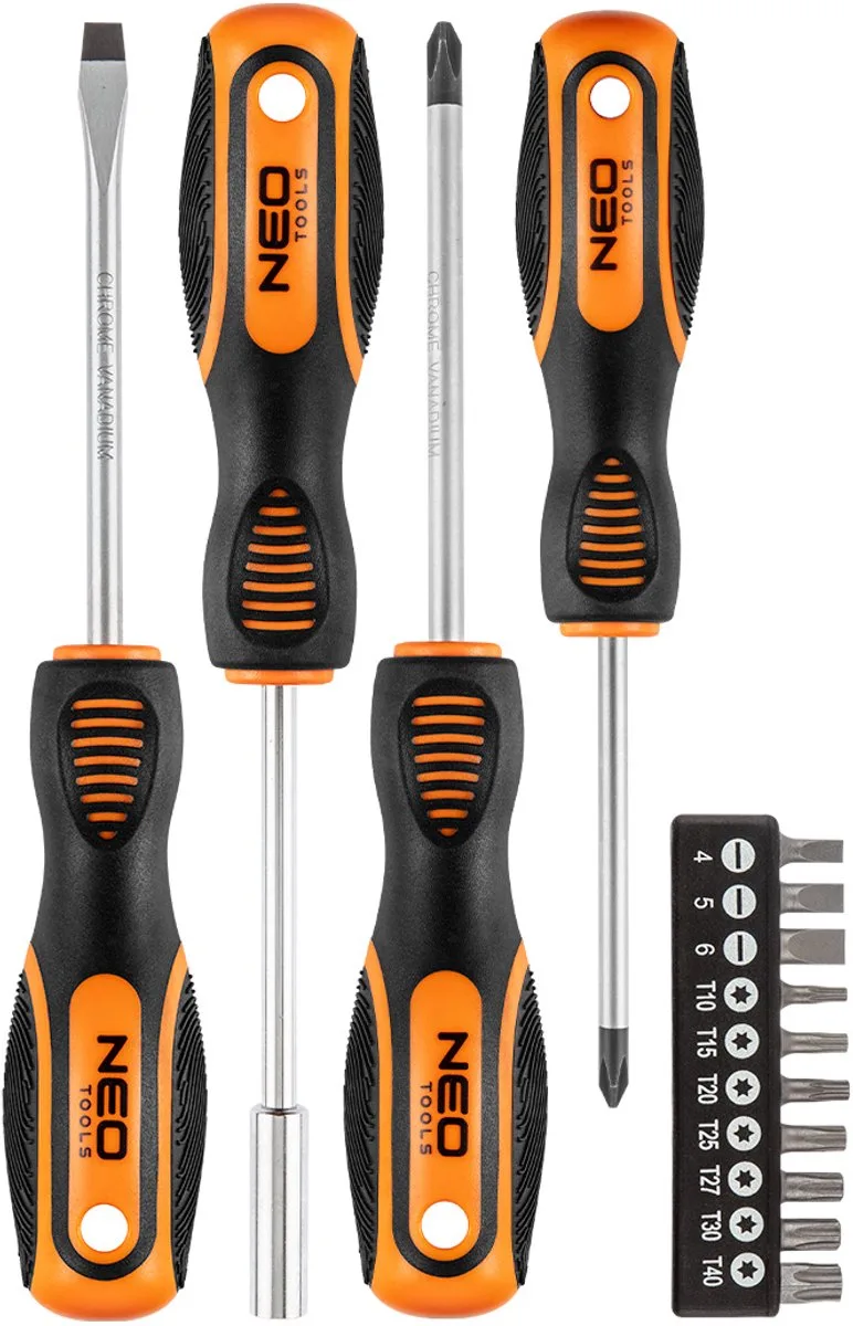 Set Schroevendraaiers en Bitjes - 14-delig - Magnetische Punt - CrV Staal von Neo Tools, Schwarz, Orange – Produktbild