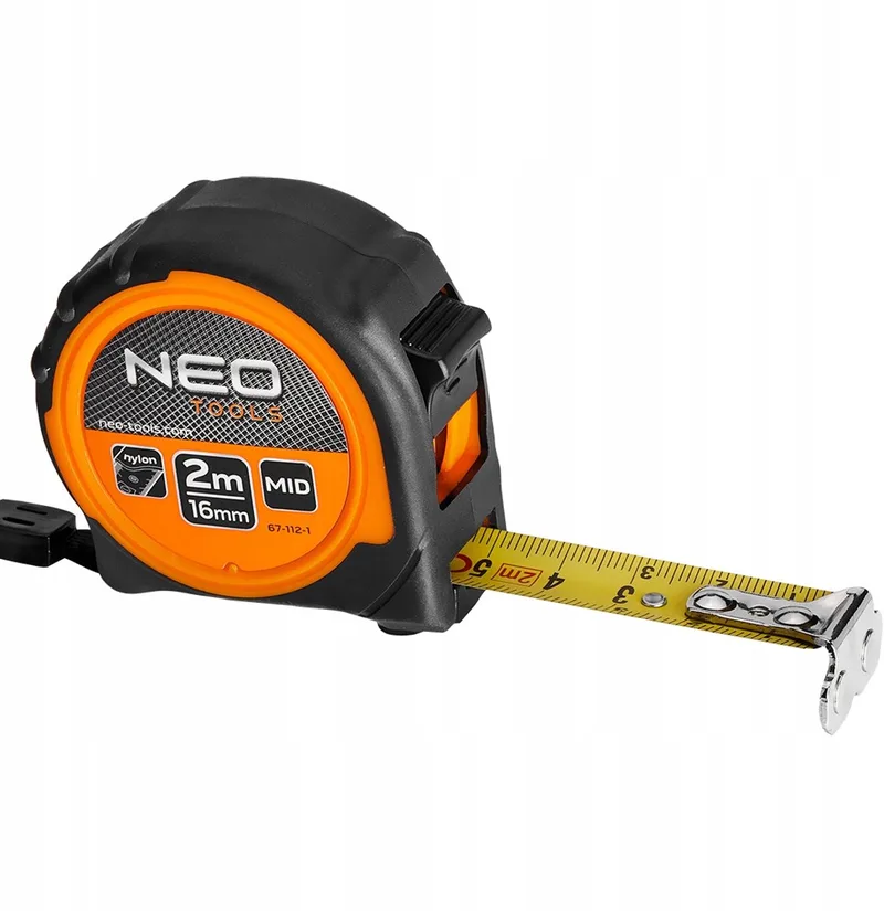 Stalen Rolmaat - 2m x 16mm - Magnetische Eindhaak - Nylon Beschermlaag de Neo Tools, Orange – image du produit