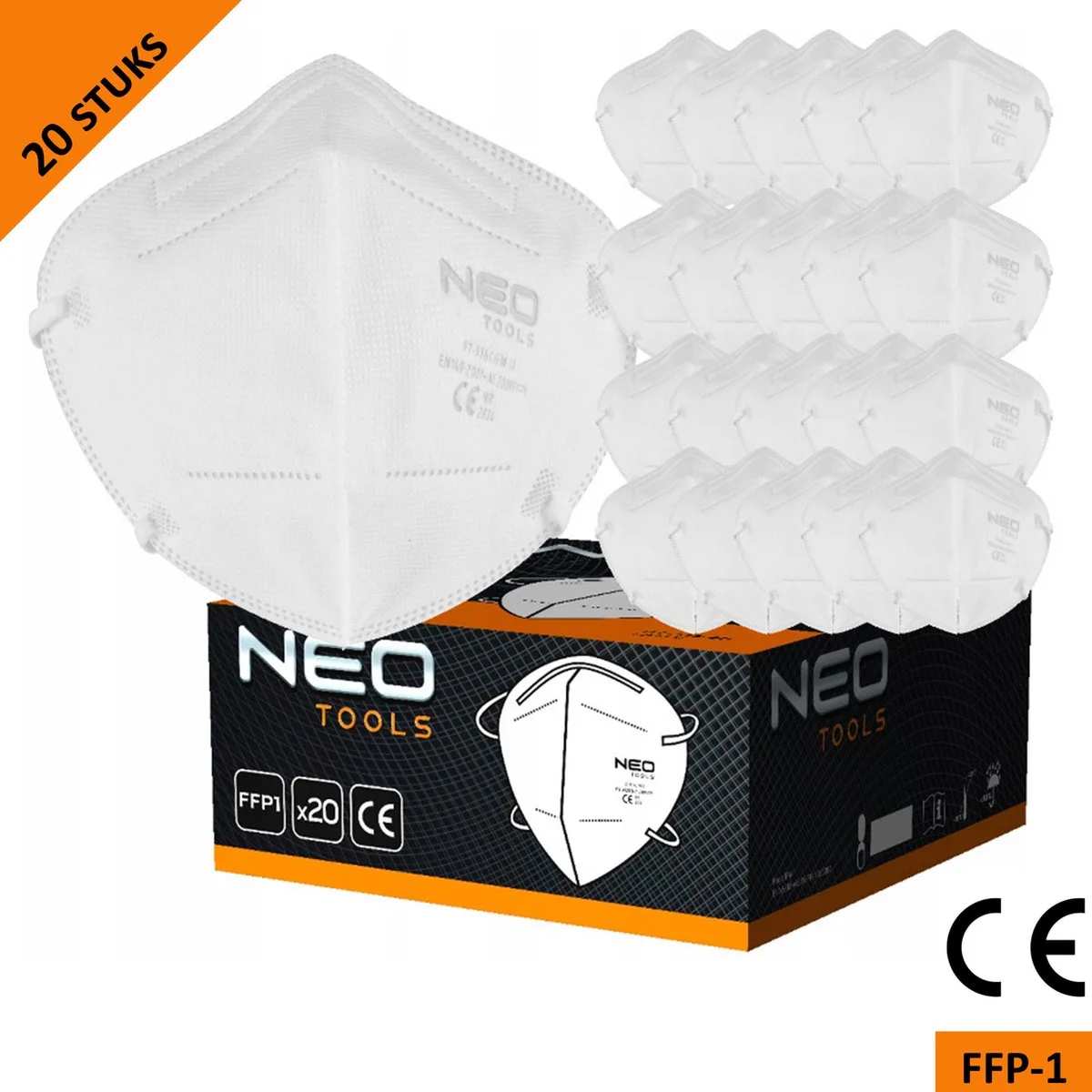 Stofmasker FFP1 – Halfgelaatsmasker – 5-Laags – CE Gecertificeerd – 20 Stuks – Wegwerp – Categorie III van Neo Tools, Wit – productafbeelding