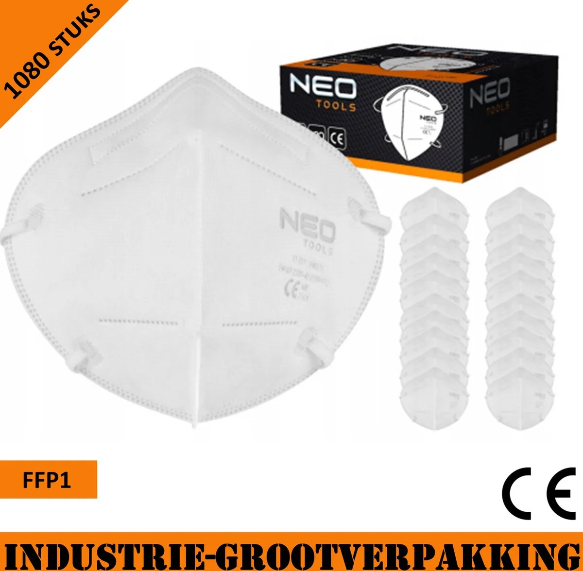 stofmasker halfgelaatsmasker - FFP1 - 5 laags - CE gecertificeerd - Industrie-verpakking 1080 stuks de Neo Tools, Blanc – image du produit