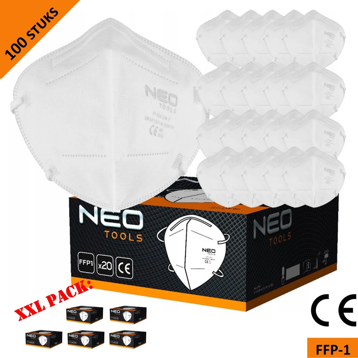 stofmasker halfgelaatsmasker - FFP1 - 5 laags - CE gecertificeerd - XXL pack 100 stuks by Neo Tools, White – product image
