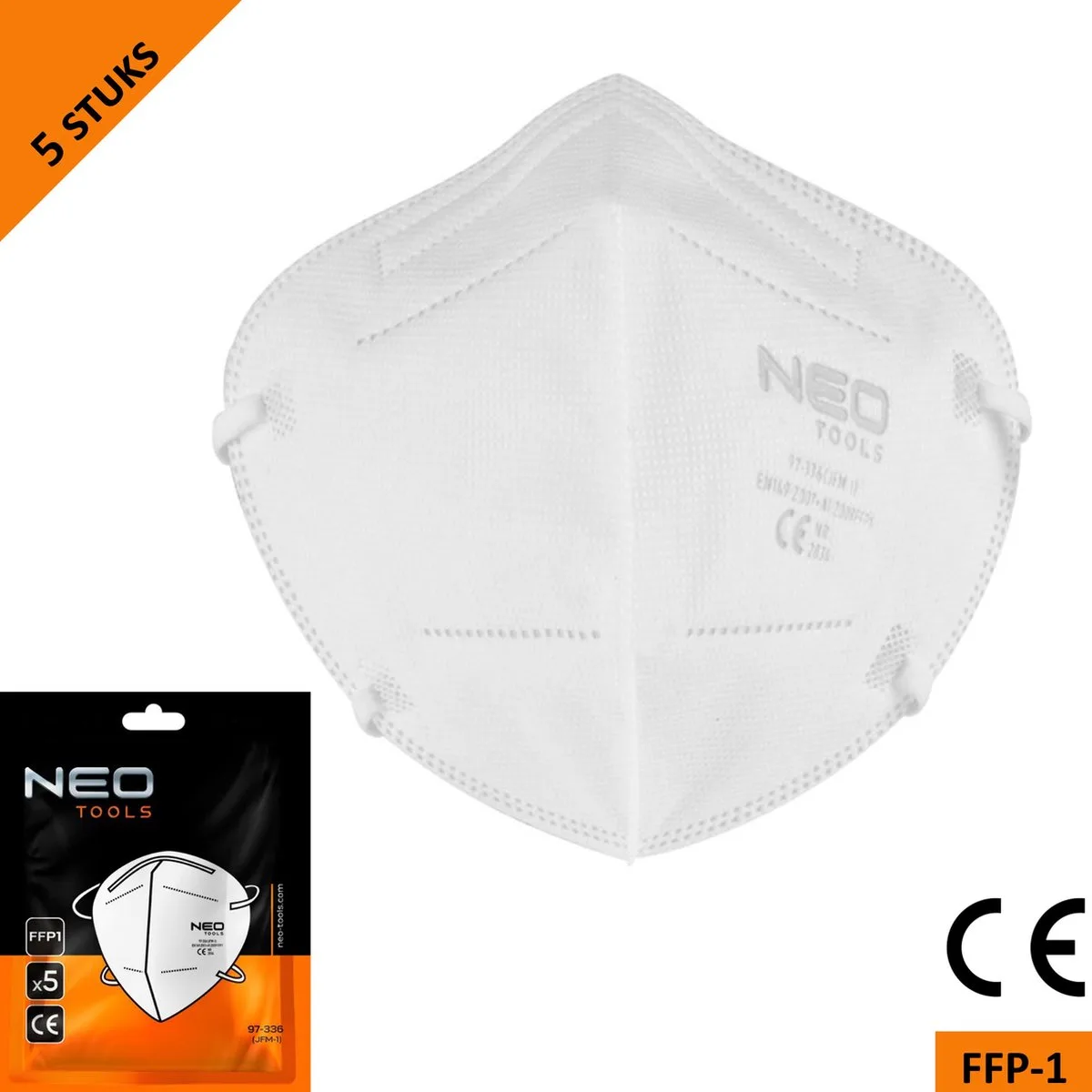 Stofmasker Halfgelaatsmasker FFP1 – 5-laags – CE gecertificeerd – Wegwerp – 5 stuks – Categorie III fra Neo Tools, Hvid – produktbillede