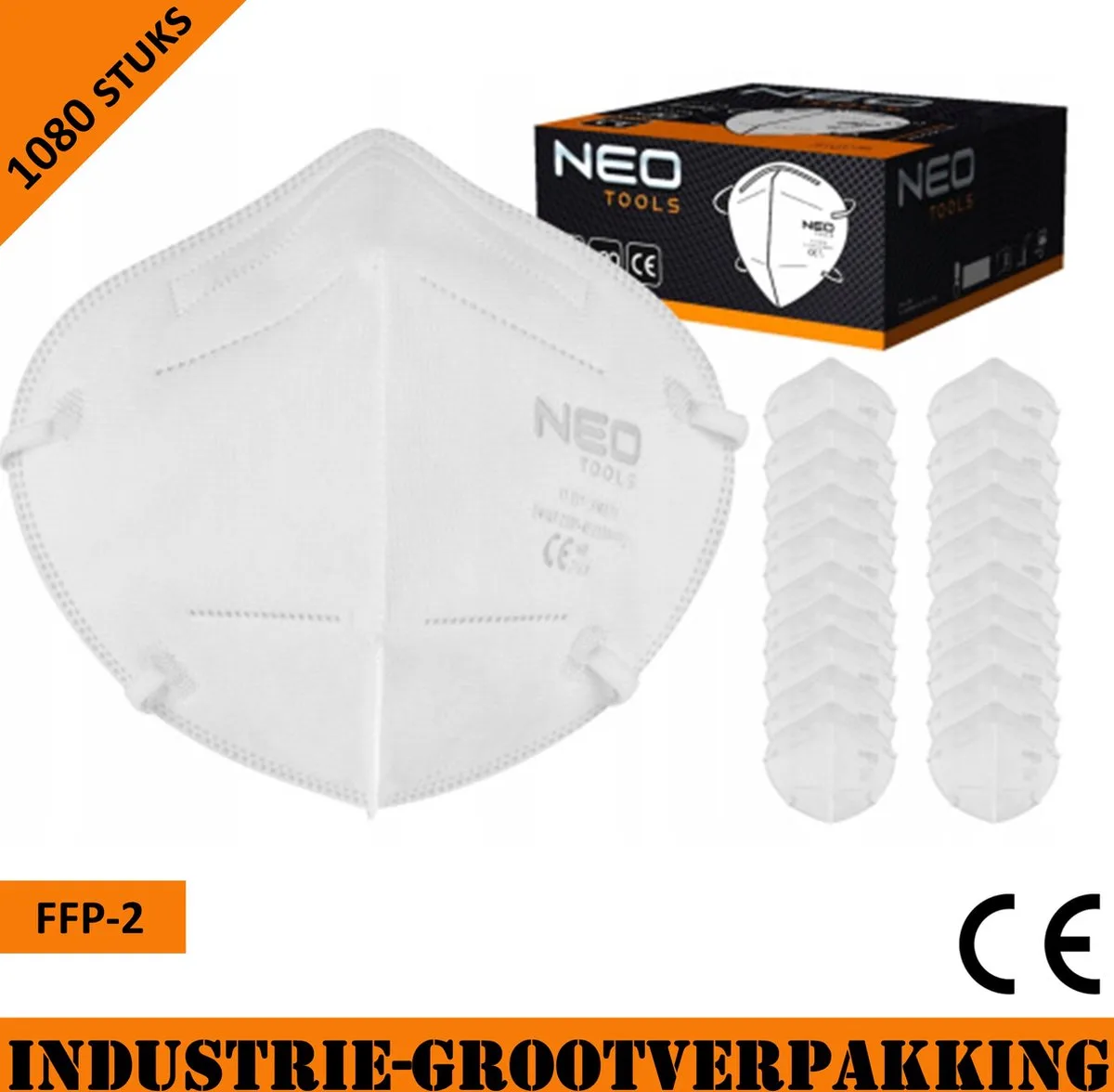 stofmasker halfgelaatsmasker - FFP2 - 5 laags - CE gecertificeerd - Industrie-verpakking 1080 stuks by Neo Tools, White – product image