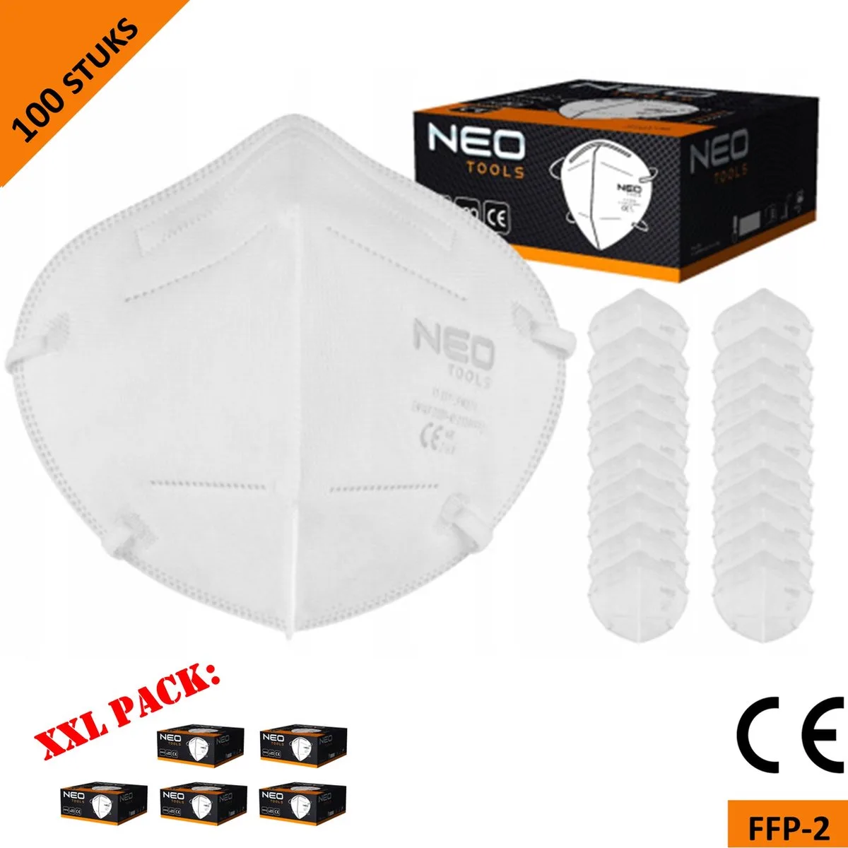 stofmasker halfgelaatsmasker - FFP2 - 5 laags - CE gecertificeerd - XXL pack 100 stuks van Neo Tools, Wit – productafbeelding