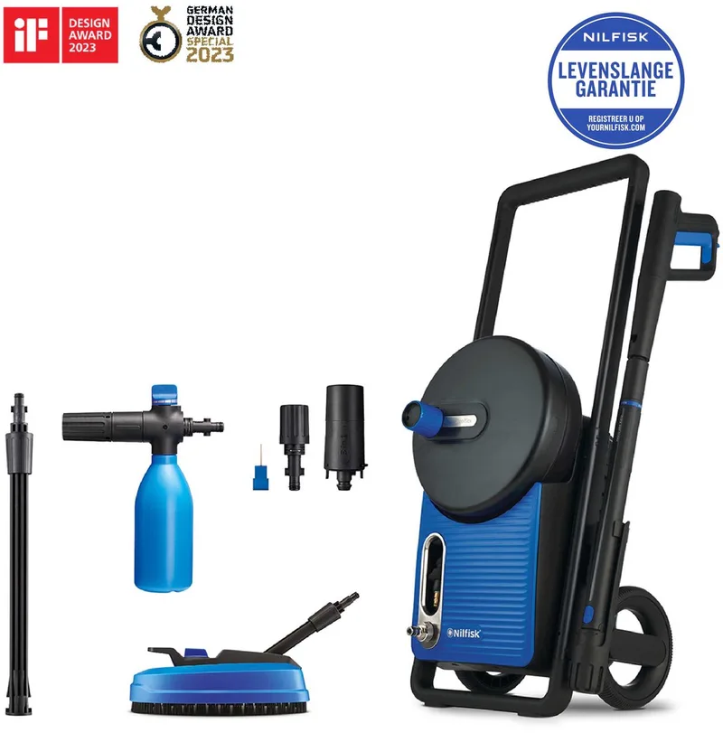 Excellent 170 – Krachtige hogedrukreiniger met 170 bar, inductiemotor, metalen pomp, schuimsproeier, terrasreiniger, 10 m Steelflex-slang en interne slanghaspel von Nilfisk – Produktbild