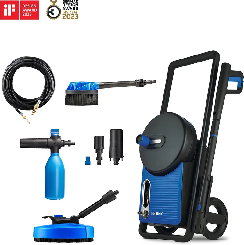 Excellent 180-12 Smart Assistant – Hogedrukreiniger met 180 bar druk, 12 m slang, Smart Assistant display, terrasreiniger, roterende borstel en rioolslang von Nilfisk – Produktbild