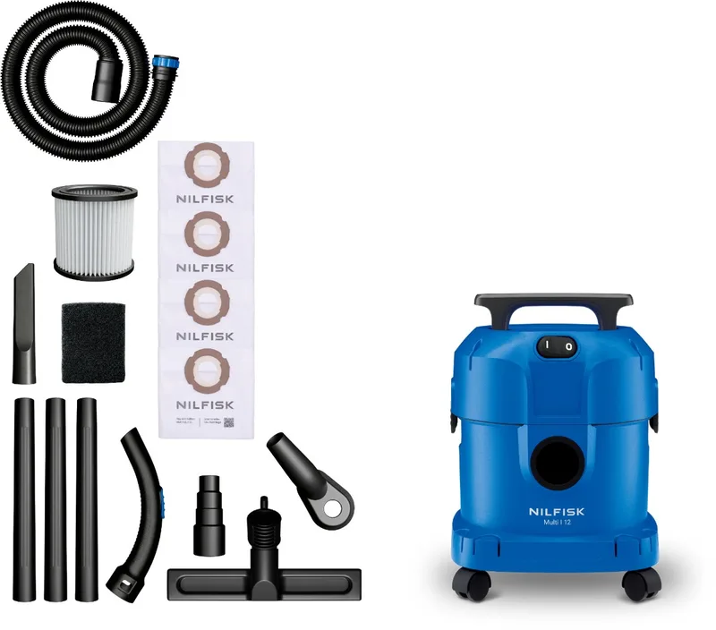 Multi I 12 DIY Edition Nat- & Droogzuiger 1100W - 12L Waterzuiger met Gereedschapsadapter, Boorhulpstuk & 4 Fleece Stofzakken von Nilfisk – Produktbild