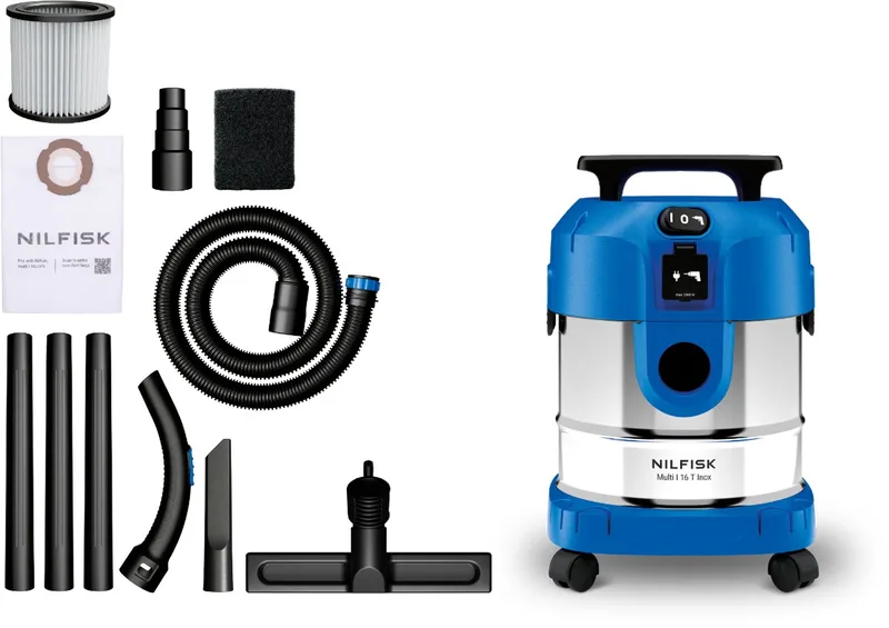 Multi I 16 T Inox Nat- & Droogzuiger 1100W - 16L RVS Waterzuiger met Stopcontact voor Elektrisch Gereedschap & Blaasfunctie van Nilfisk – productafbeelding