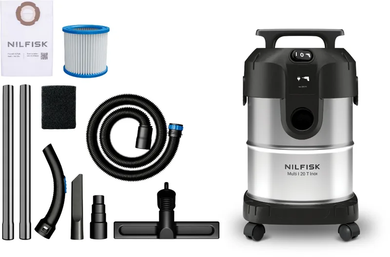 Multi I 20 T Inox Nat- en Droogzuiger - 1100W - 20L RVS Alleszuiger - L-Klasse Stofzuiger met Stopcontact voor Elektrisch Gereedschap & Blaasfunctie van Nilfisk – productafbeelding