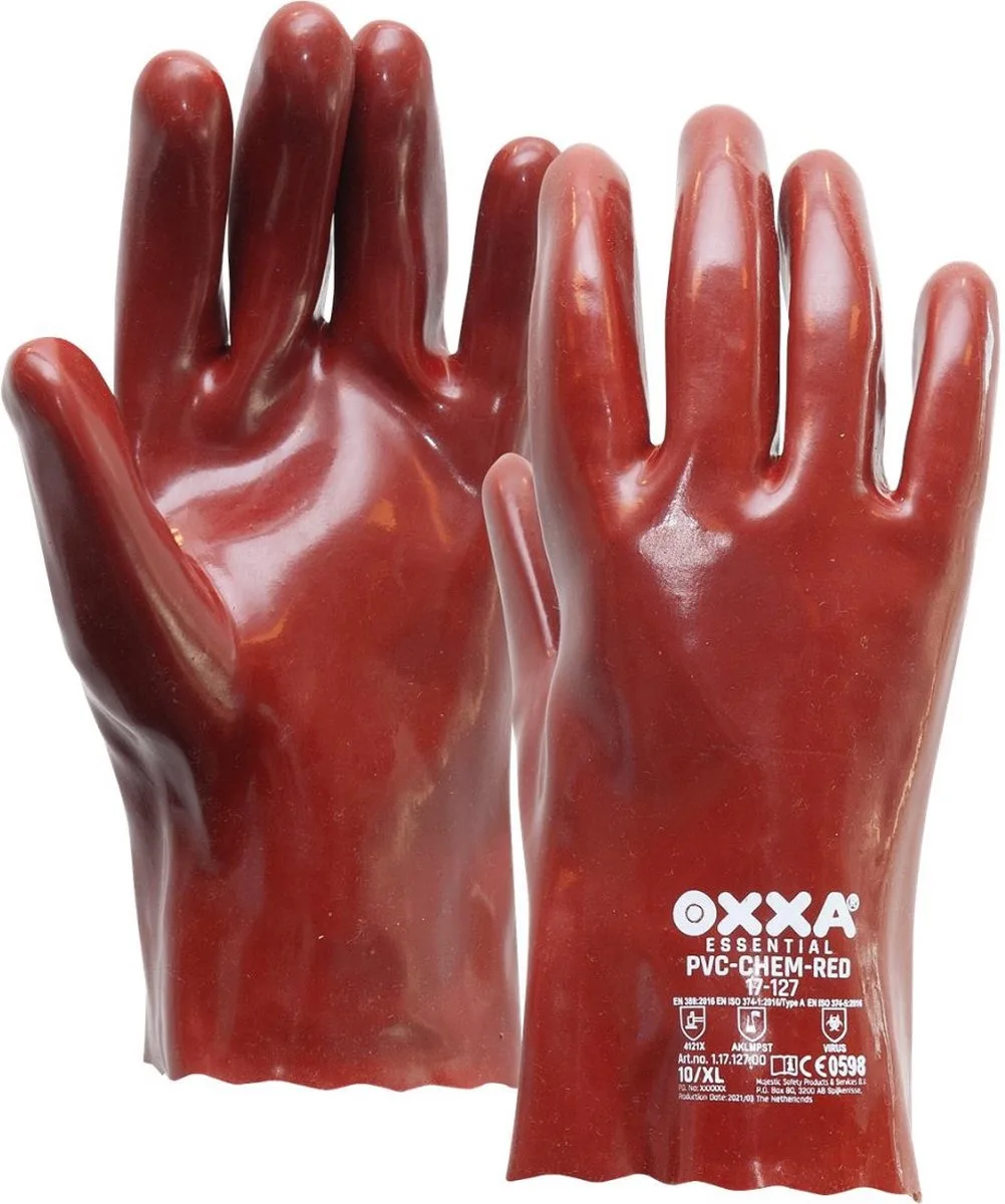 PVC-Chem-Red 17-127 PVC Premium Red 17-127 handschoen 10 Oxxa - PVC - Slip-on - EN 388:2016 & EN ISO 374-1:2016/Type A van OXXA, Rood – productafbeelding