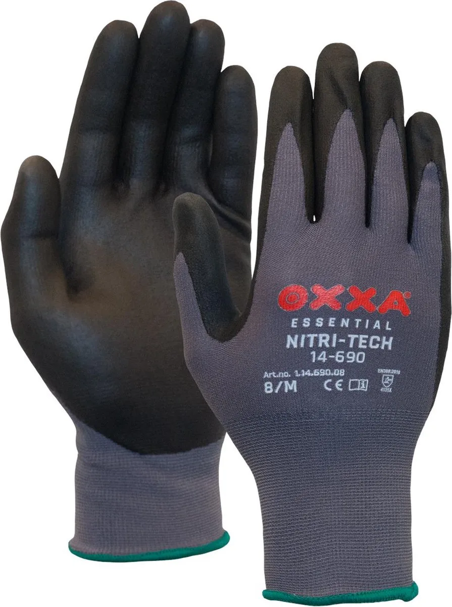 Werkhandschoenen OXXA - Nitri Tech 14-690 - Montagehandschoen - Ideaal met klussen - Werkhandschoenen heren - Werkhandschoenen dames de OXXA, Noir, Gris, XL/10 – image du produit