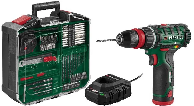 12V Accu-boormachineset met 2 accu's en lader - Koppel: max. 28 Nm - Inclusief bits, boren en bitverlenging - Traploos regelbaar toerental - Compact en licht van Parkside – productafbeelding