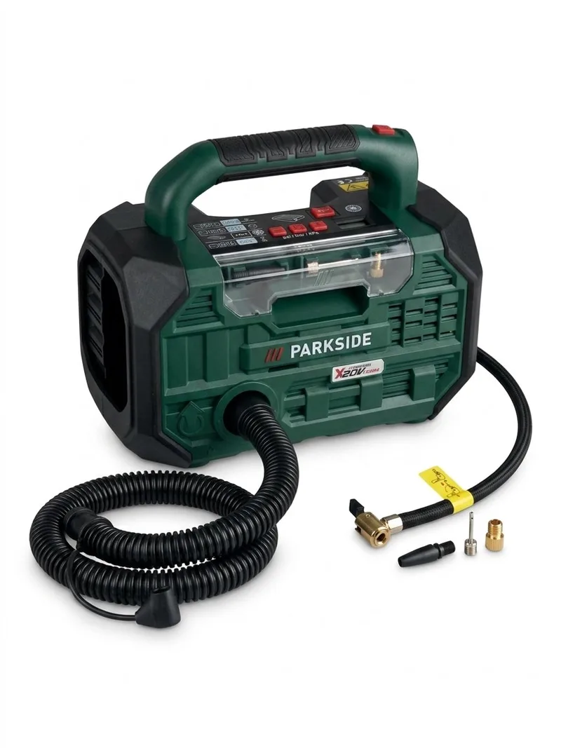 20V Accu-compressor + luchtpomp - digitale druk instelling en meting - 10,3 bar - Met 20V 2AH accu en lader van Parkside, Groen – productafbeelding
