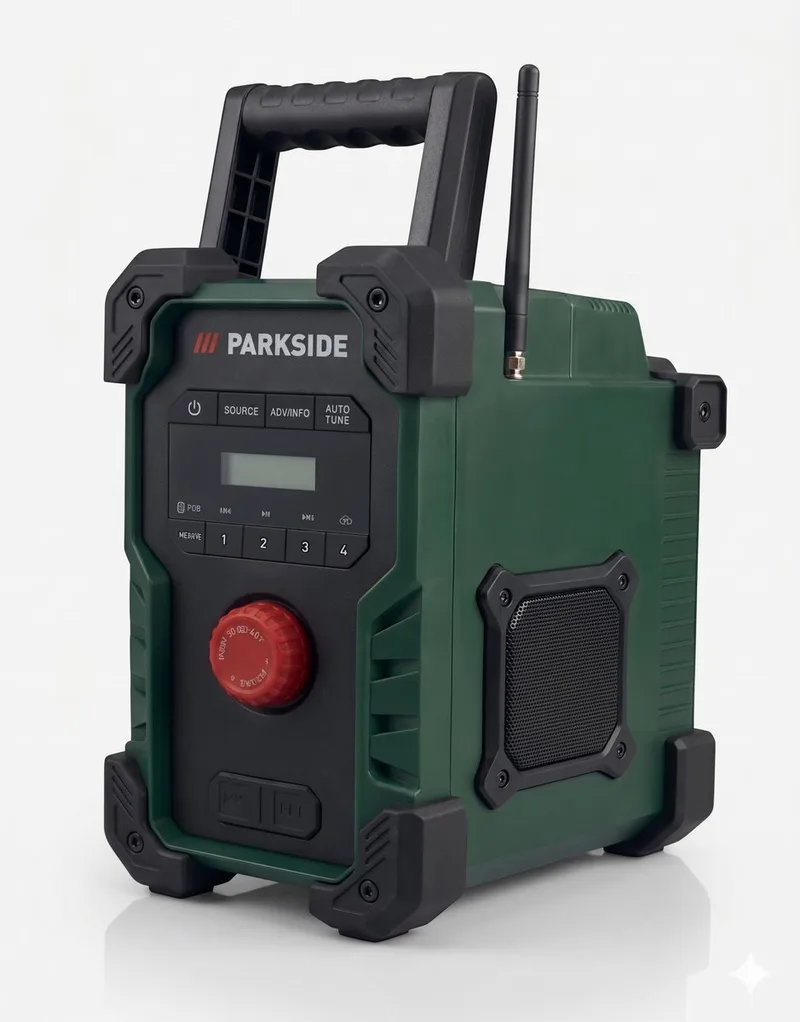 Accu-bouwradio 12V/20V - Ontvangst: DAB, DAB+, FM - Voeding: Netadapter of accu - Ideale metgezel op de bouwplaats, naar de camping of in de tuin - Inbegrepen accessoires: 1 netadapter, 1 AUX-kabel van Parkside, Groen – productafbeelding