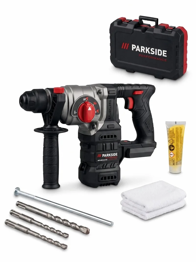 Accu-combihamer 20V zonder accu - Slagenergie: 3 J - Toerental: 950 tpm - Slagfrequentie: 4700 spm - Inclusief 1x metalen diepteaanslag, 50 g vet van Parkside – productafbeelding