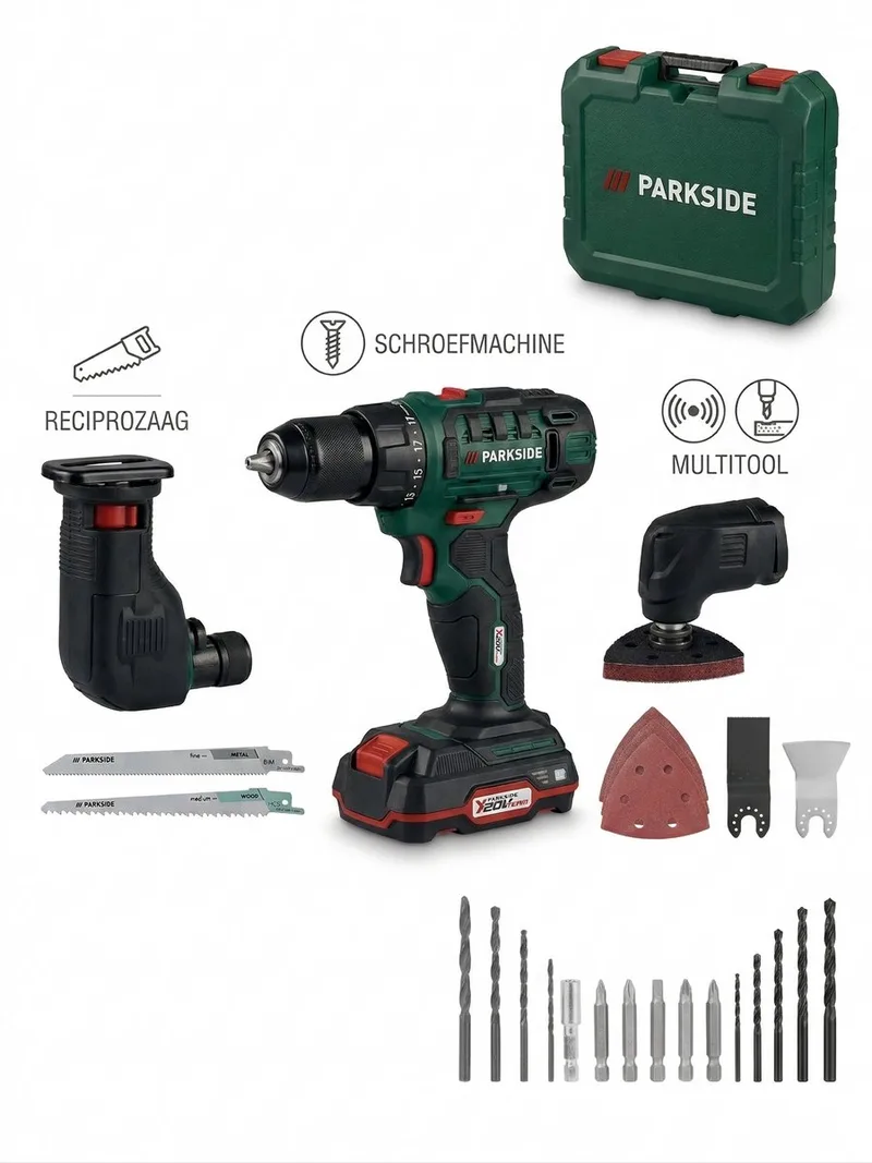 Accu-combitool 20 V met accu en lader - Eén apparaat, drie functies: schroefmachine, decoupeerzaag en multitool van Parkside – productafbeelding
