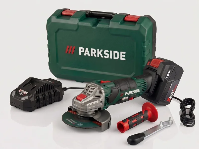 Accu-haakse slijper 20V - Toerental: 2500/10 000 tpm - Houder: M14 SPINDLE LOCK - Slijpschijf: Ø 125 mm - Inclusief accu en oplader, 1 doorslijpschijf metaal 125 mm, 1 tweegats montagesleutel de Parkside – image du produit