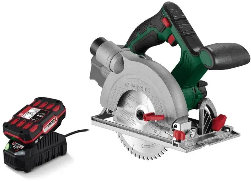 Accu-handcirkelzaag inclusief 20V 2Ah accu en oplader - Toerental: 3800tpm - Ø zaagblad: 150mm - Inclusief Inclusief zaagblad Ø150 x Ø16mm, inbussleutel, parallelaanslag, adapter voor externe stofafzuiging en transportkoffer de Parkside – image du produit