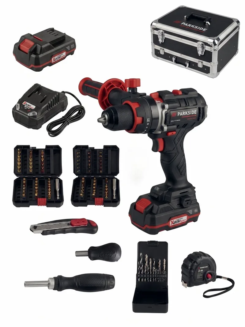 Accu-klopboormachine 20V inclusief 2 accu's en snellader - extra handgreep, diepteaanslag, cuttermes, meetlint, ratelschroevendraaier, schroevendraaier-bithouder, 6 houtboren, 6 metaalboren, 6 steenboren, 2 bithouder, 72 bits von Parkside – Produktbild