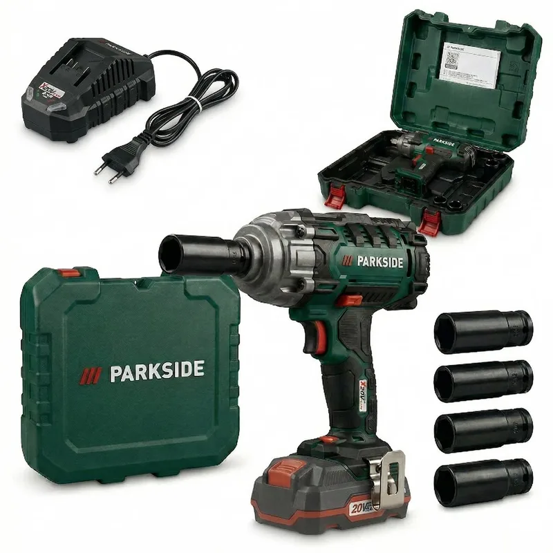 Accu-motorvoertuig - Slagmoersleutel 20V 2.0AH - Incl Snellader - Met Koffer - Inclusief Li-on Accu en Lader - 400 Nm - Incl. 4 doppen (17, 19, 21 en 23 mm) - Slagmoersleutelset - Elektrisch - Slagschroevendraaier - Wieldoppen von Parkside – Produktbild