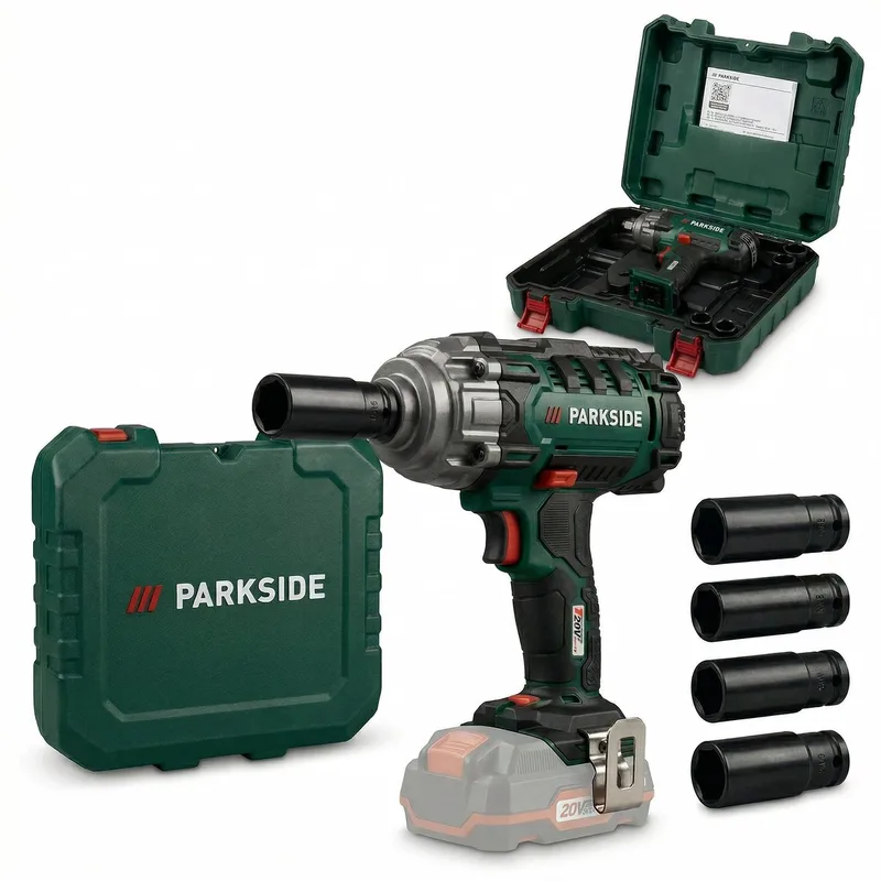 Accu-motorvoertuig - Slagmoersleutel 20V - Zonder Accu en lader - Met Koffer - 400 Nm - Incl. 4 doppen (17, 19, 21 en 23 mm) - Slagmoersleutelset - Elektrisch - Slagschroevendraaier - Wieldoppen de Parkside – image du produit