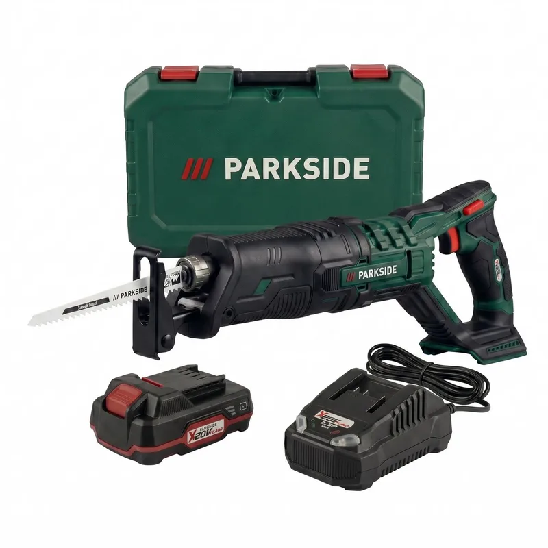 Accu-reciprozaag 20V - Toerental: 3000 tpm - Zaagdiepte: max. 100 mm (hout) | 20 mm (staal) - Inclusief accu, lader, 1x houtzaagblad (HCS 152,5mm/6-12TPI) von Parkside – Produktbild