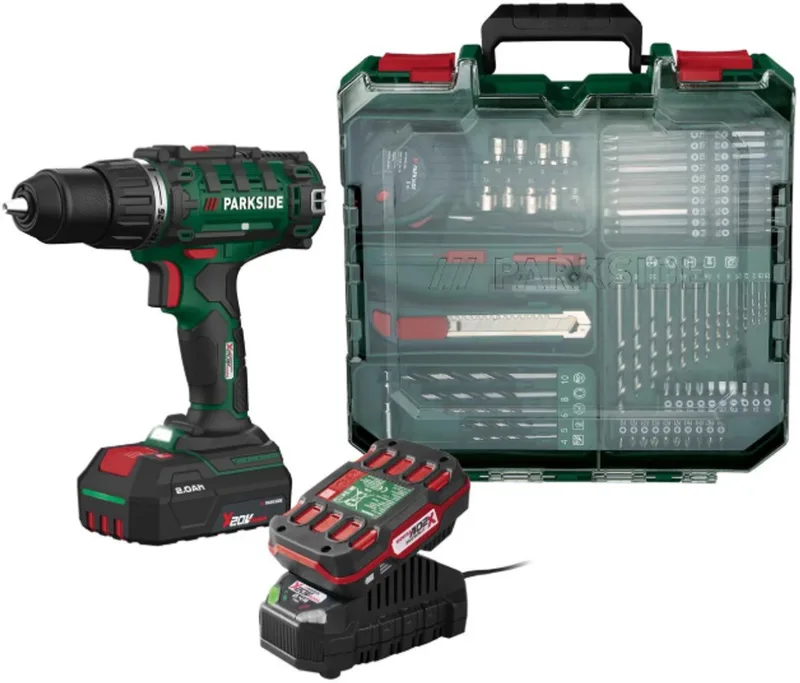 Accu Schroef-boormachine set 20V - Toerental: 0-400 min-¹ (1e versnelling) | 0-1400 min-¹ (2e versnelling) - Draaimoment: 40 Nm - Boordiameter: max. 30 mm (hout) | 13 mm (staal) - Inclusief: 2 accu's, 1 oplader en 73-delige toebehorenset von Parkside – Produktbild