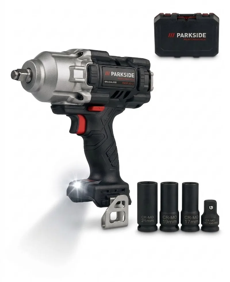 Accu-slagmoersleutel 20V zonder accu - Koppel los: max. 1898 Nm - Koppel: max. 1356 Nm - Toerental: 0/1.550 tpm - Koppel: 3 niveaus - Inbegrepen accessoires: 3 dopsleutel (½\" opname (17/19/21 mm), 1 adapter (½" op ¾") de Parkside – image du produit
