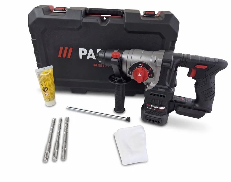 Accucombihamer met SDS-plus - 20 V - Toerental: 0–950 tpm - Slagkracht: 3 J - Slagfrequentie: 0-4700 tpm - Boordiameter: max. 24 mm (beton/steen) | 13 mm (metaal) | 27 mm (hout) Accu en snellader niet meegeleverd fra Parkside – produktbillede