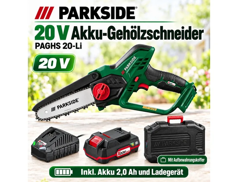 Akku-Kettensäge 20V Akku-Gehölzschneider PAGHS 20-Li mit Akku 2.0 Ah und Ladegerät van Parkside – productafbeelding 2 van 5