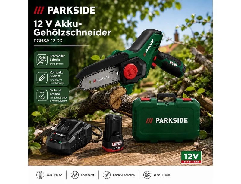 Akku-Kettensäge PARKSIDE 12V Akku-Gehölzschneider PGHSA 12 D3, Akku 2.0 Ah / Ladegerät de Parkside – image du produit 1 sur 2