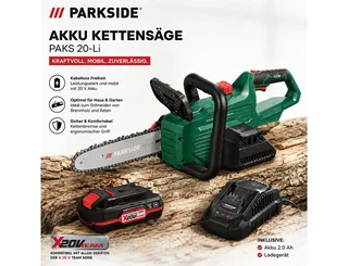 Akku-Kettensäge PARKSIDE Akku Kettensäge PAKS 20-Li mit Akku 2.0 Ah und Ladegerät van Parkside – productafbeelding 2 van 3