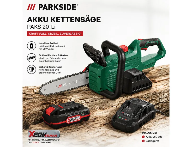 Akku-Kettensäge PARKSIDE Akku Kettensäge PAKS 20-Li mit Akku 2.0 Ah und Ladegerät van Parkside – productafbeelding 2 van 3