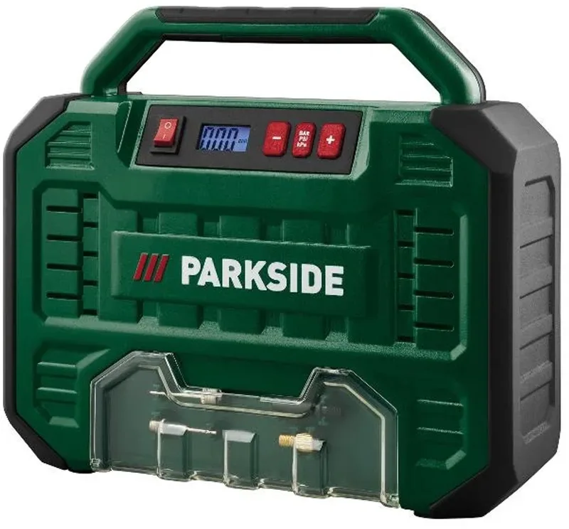 Compressor met digitale weergave 150 W - Druk: 8 bar - Automatische detectie van ingangsspanning - Olievrije 1 cilinder motor met onderhoudsarme werking von Parkside, Grün – Produktbild