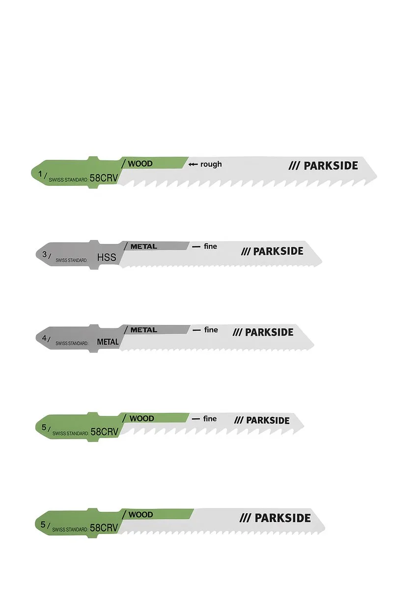 Decoupeerzaag bladen |Voor Hard & Zacht Metaal |Plastic, Inox & Aluminium| Decoupeerzaag mesjes | Decoupeerzaagjes-set | Sabel / Sabre zaagblad | Voor Hard & Zacht Hout /Groen Hout & Laminaat | Geschikt voor alle Decoupeerzagen | 5X stuks by Parkside – product image