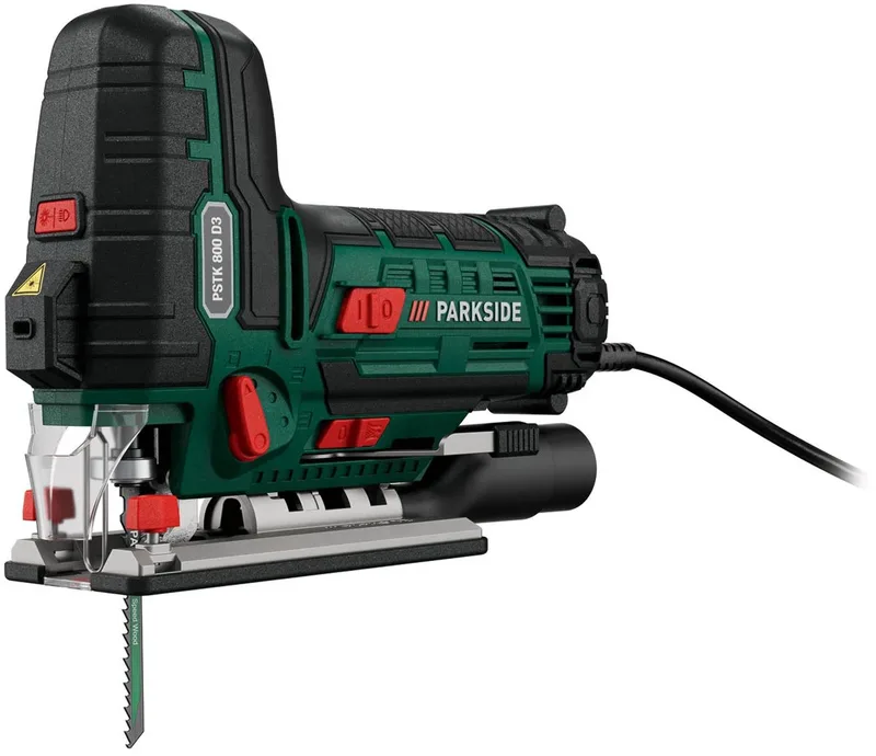 Decoupeerzaag met pendelslag - Vermogen: 800 W - Toerental: 3100 tpm - Slaglengte: 26 mm - SAW LOCK snelspanboorhouder - Met aan beide zijden instelbare snijhoeken - Lasergeleiding en LED-werklamp van Parkside – productafbeelding