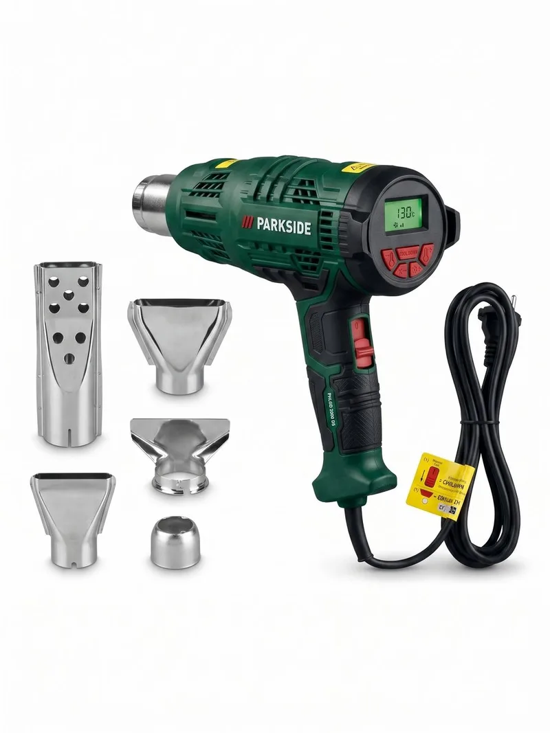 Digitale heteluchtpistool - Aansluitvermogen: 2000 W - Temperatuur: 50-650 °C - Luchtvolume: 150-500 l/min - Inclusief 1x reduceermondstuk, 1x spatelmondstuk, 1x vlak mondstuk, 1x barbecue-aanstekermondstuk de Parkside – image du produit