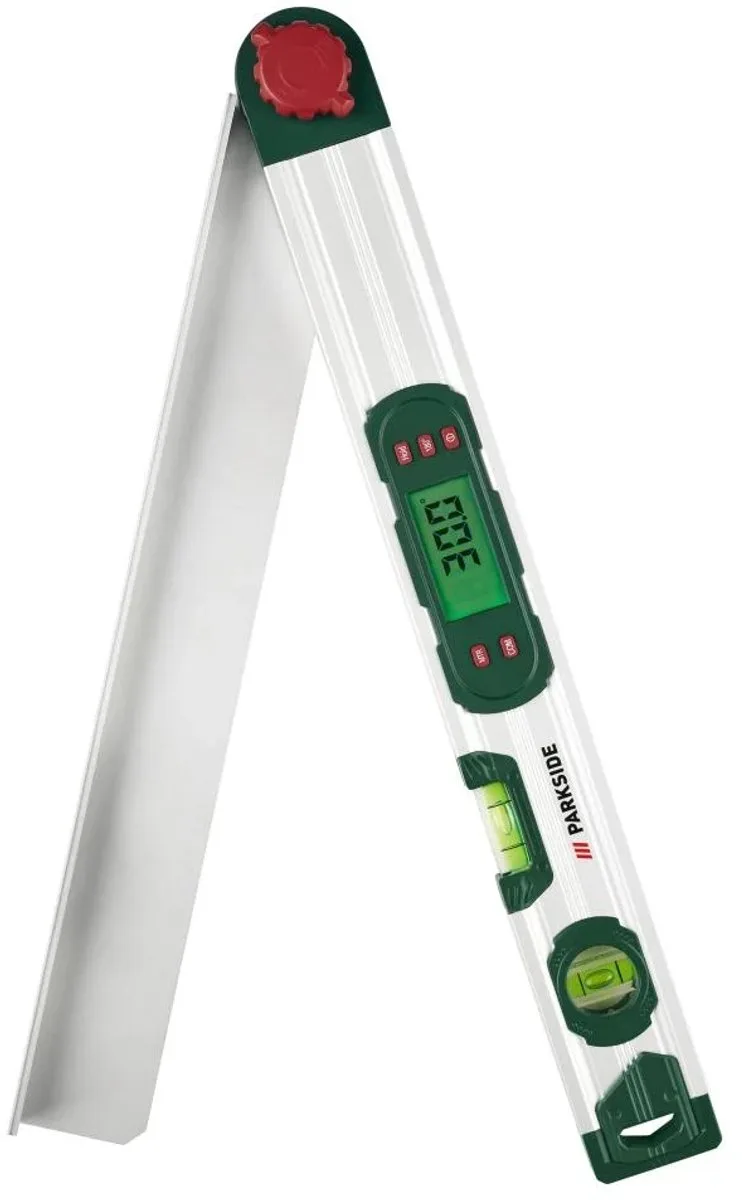 Digitale hoekmeter met klem en waterpas - Opbergtas en 2x batterij 1,5V AA - Meetbereik: 0–220° Schachtlengte: 400 mm ✓ Verticale en horizontale waterpas voor handmatig nivelleren by Parkside, Green – product image