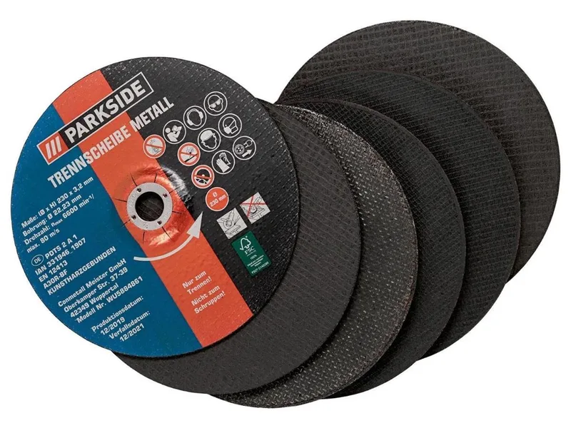 doorslijp- en voorbewerkingsbladen Haakse Slijper 230mm , 6 stuks - Materiaal: hoofdschild: staal Aantal omwentelingen: max. 6600 min⁻¹ / max. 80 m / s Bijzonderheden: ontworpen voor standaard haakse slijpers, incl. Bosch, Black & Decker fra Parkside – produktbillede