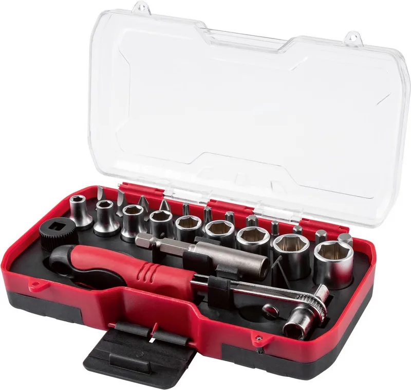 Dopsleutelset 23 delig - Precisiegereedschapset - Kleine, complete set gereedschap voor elke beginnende klusser by Parkside, Red – product image