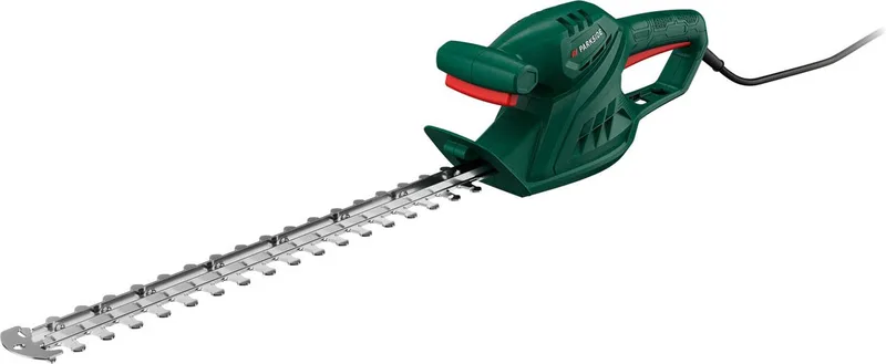 Elektrische Heggenschaar - Toerental: 3400 tpm - Takdikte: max. 12 mm - Vermogen: 450 W - Elektromotor van 450 W met metalen aandrijving - Veiligheidsschakelaar met tweehandsbediening - Elektrisch remsysteem de Parkside – image du produit