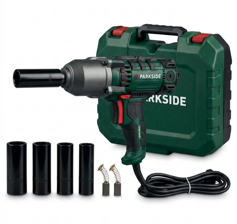 Elektrische slagmoersleutel - Vermogen: 550 W - Draaimoment: max. 500 Nm - Toerental: 3.700 tpm - Inclusief 4x stopcontacten (17 mm, 19 mm, 21 mm, 22 mm), 1x reservekoolborstelset von Parkside – Produktbild