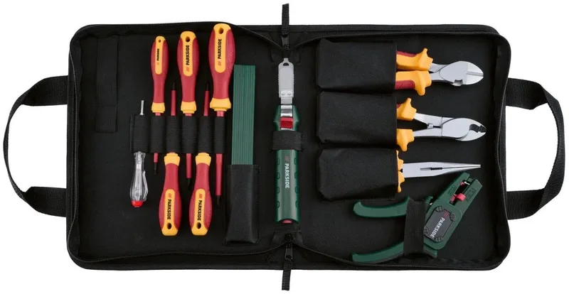 Elektronica gereedschapset - Veilig werken aan onderdelen onder spanning tot 1000 V - Set: 13-delig - In praktische opbergtas de Parkside, Marron – image du produit