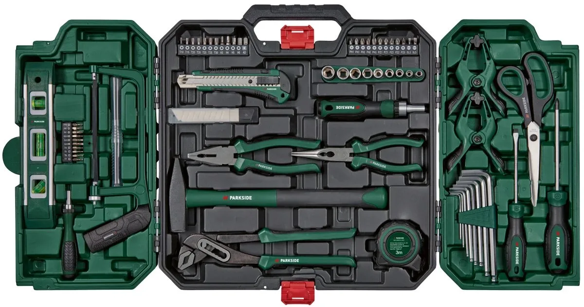 Gereedschapskoffer met gereedschap 80 delig - Set met o.a. waterpas, schroevendraaier, zaag, waterpomptang en dopsleutels de Parkside, Vert – image du produit
