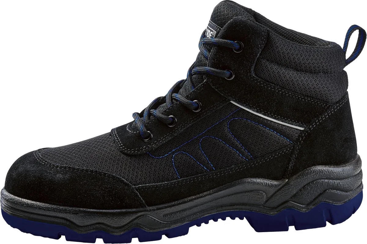 Heren Veiligheidsschoenen - Kleuren: Zwart/Blauw - Kenmerk: Stalen Neus - Optimale bescherming - Geprofileerde PU Zool - Hoogwaardig, duurzaam leer de Parkside, Zwart Blauw, 45 – image du produit